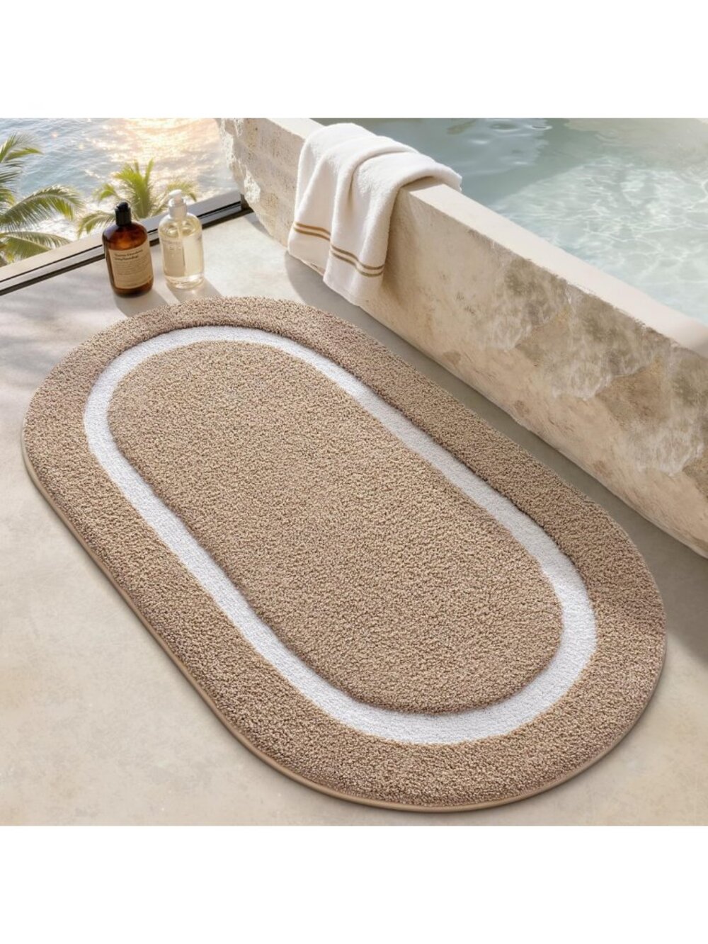 Absorbent Non-Slip Oval Bathroom Rug, Khaki Bath Mat 24"x43" for Home Decor